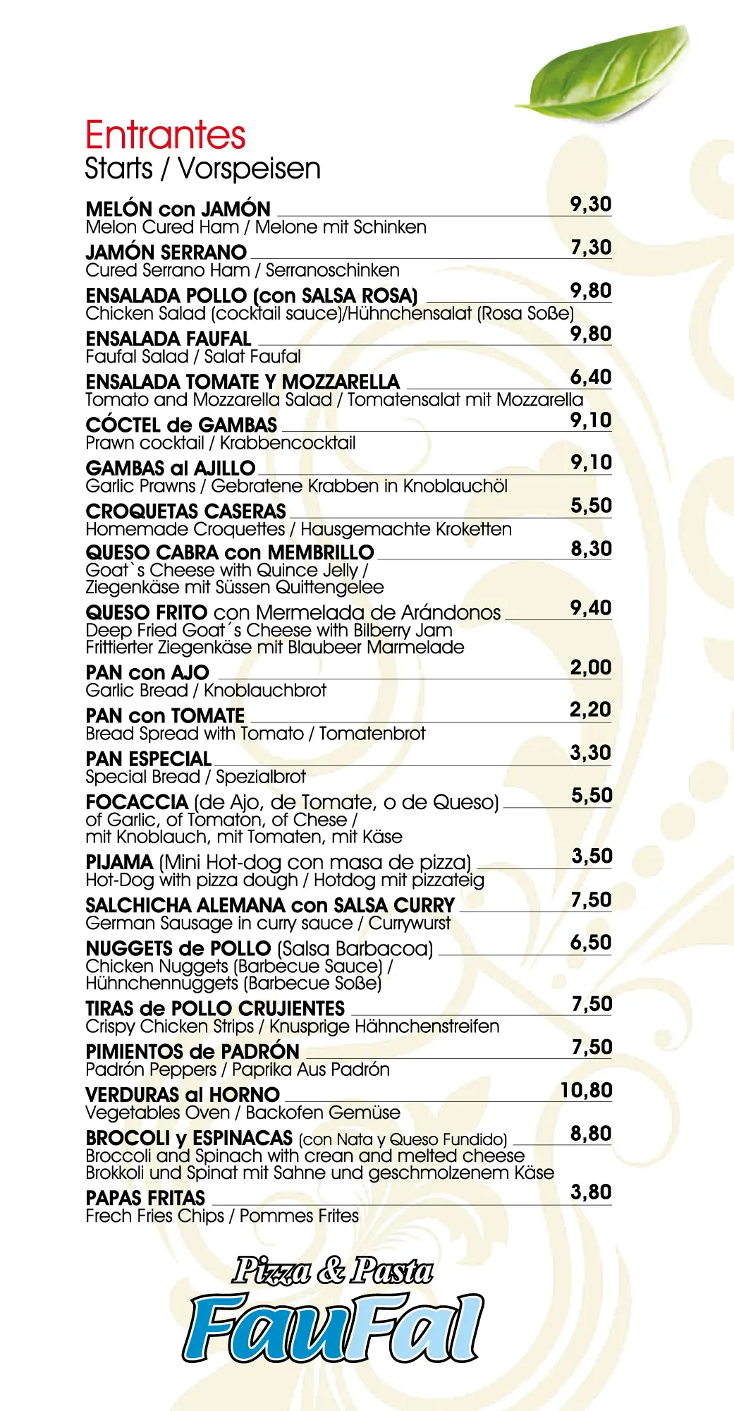 Pizzería Faufal. Carta 2025