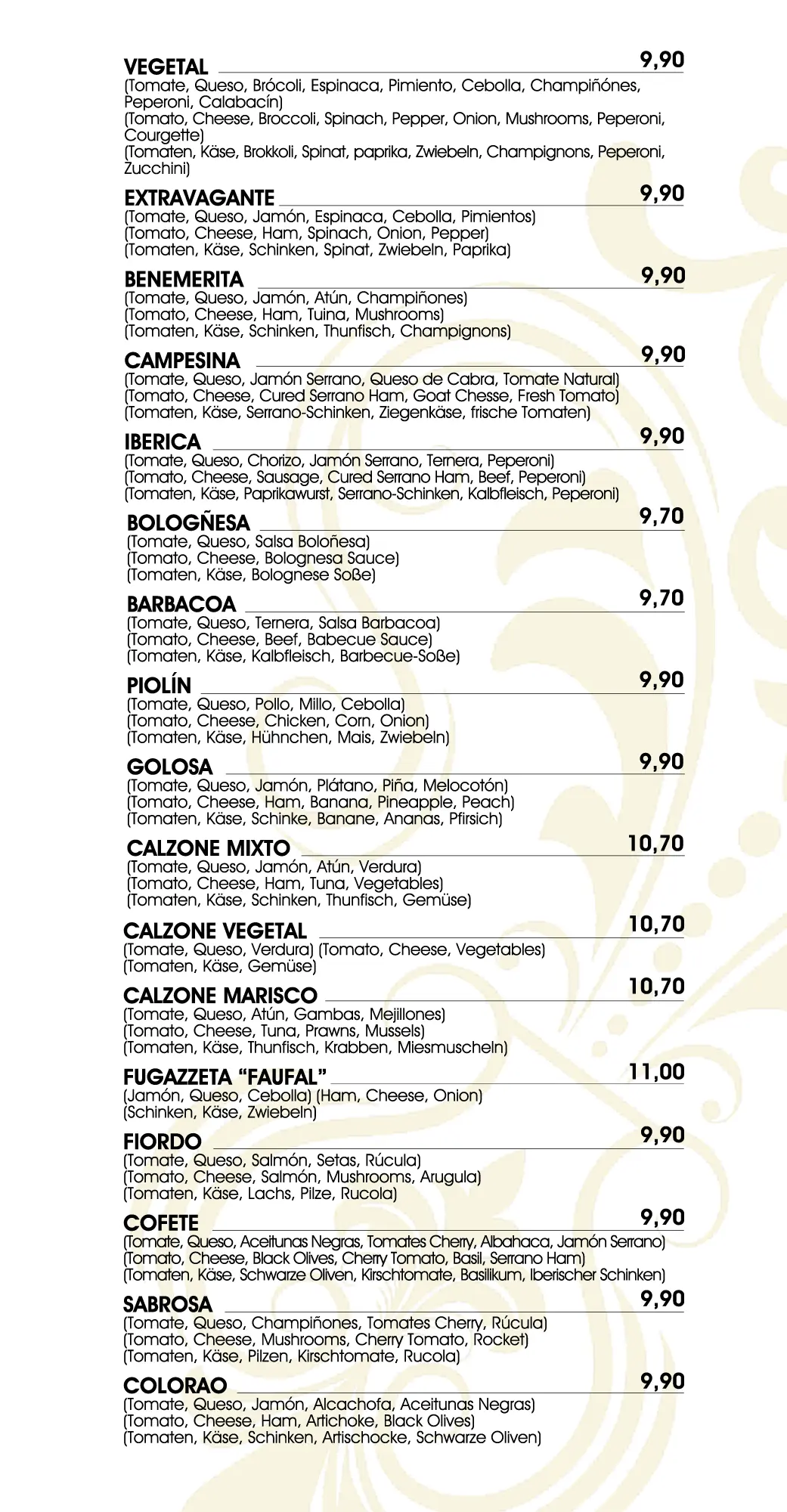 Pizzería Faufal. Carta 2025